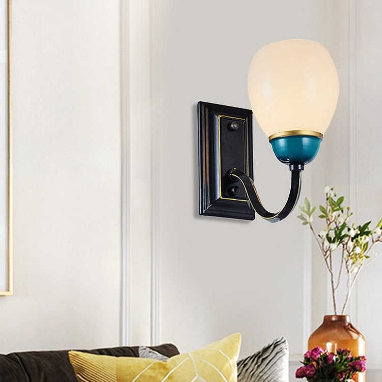 1/2-Head Globe Wall Lighting Fixture Countryside Black and Blue Opal Glass Wall Light Sconce with Curved Arm