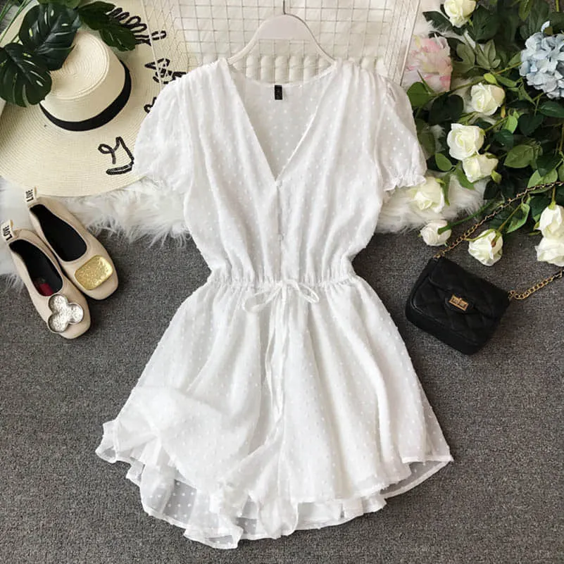 NiceMix Women Polka Dot Chiffon Overalls Sashes Korean Short Sleeve V Neck Beach Rompers Loose Casual Summer Wide Leg Playsuits