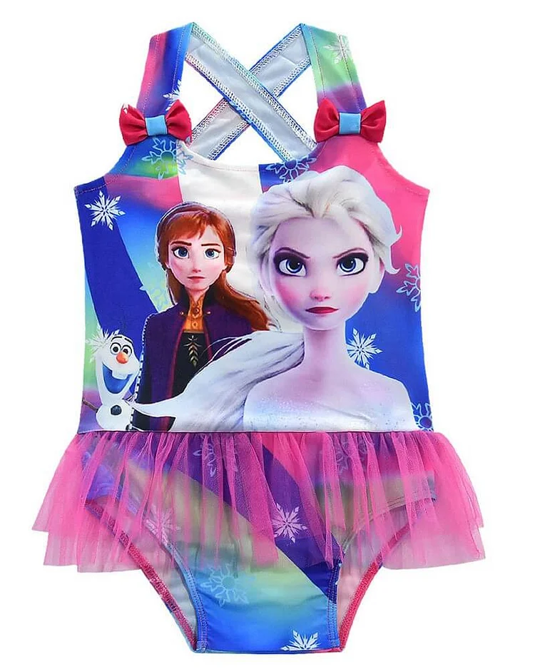 Frozen 2 Elsa Anna Printed Girls Cross Back Tulle One Piece Swimsuit-Mayoulove