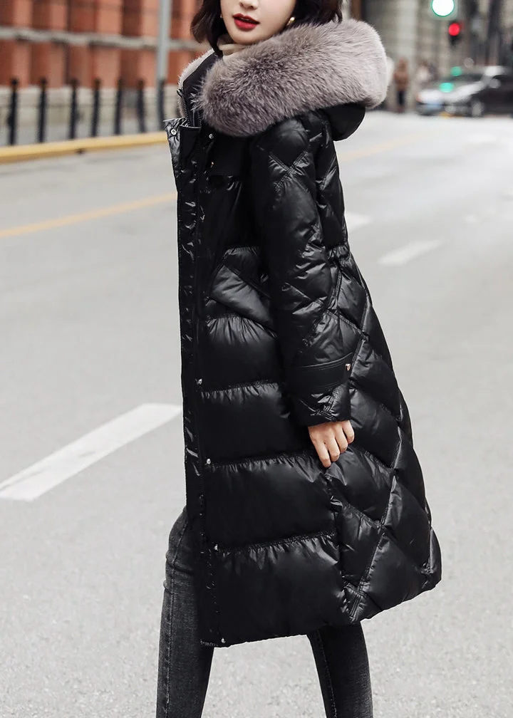 Fitted Black Fox Collar Drawstring Patchwork Zippered Long Duck Down Down Coats Winter