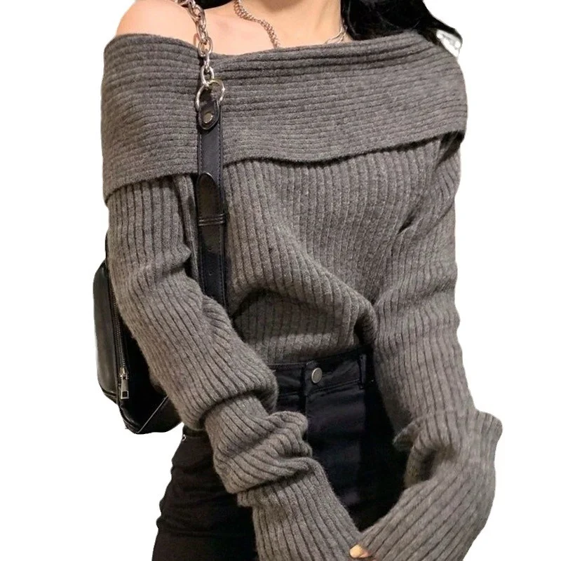 Toloer Toloer Desire Wind A Word Shoulder Thick Gray Sweater Female Autumn Winter Open Shoulder Careful Machine Knit Bottom Upper Garment Inside The Jacket-Outfit Ideas