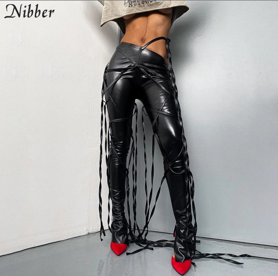 Nibber Ribbons Stacked Pencil Pants Women Popular Faux Leather Baggy Goth Y2k Slacks Trousers 2020 Street Casual Hippie Leggings