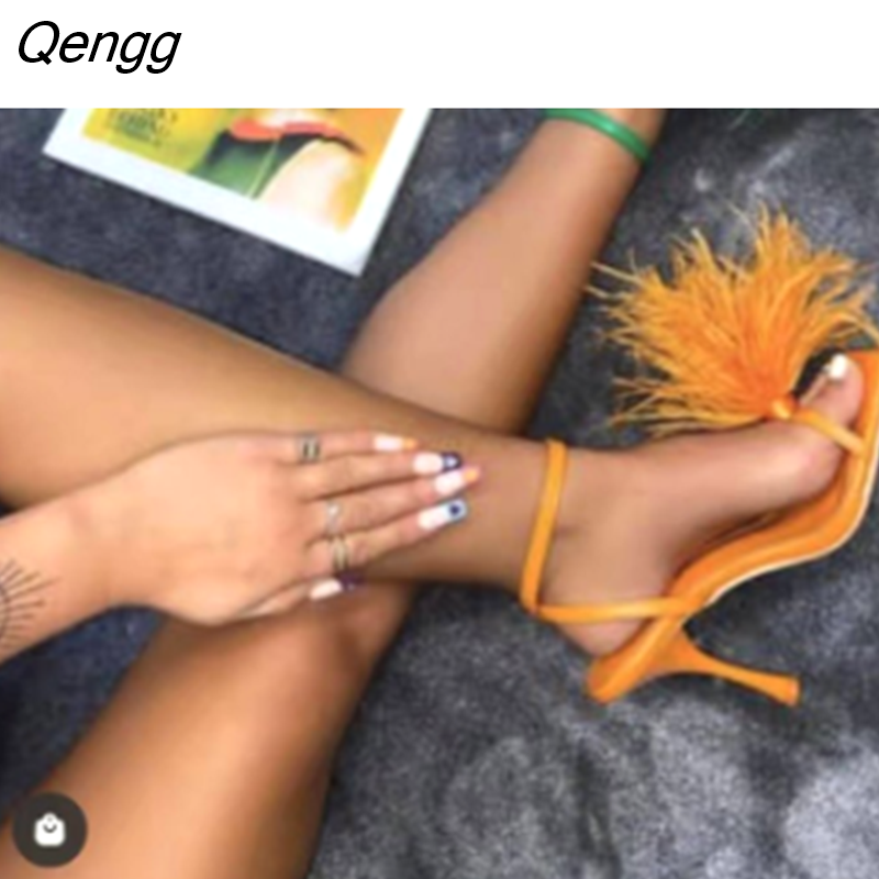 Qengg feather Sandals Women genuine leather Narrow Band Ankle Strap Gladiator Sandalias Summer Sexy Party Dress Shoes Stilettos