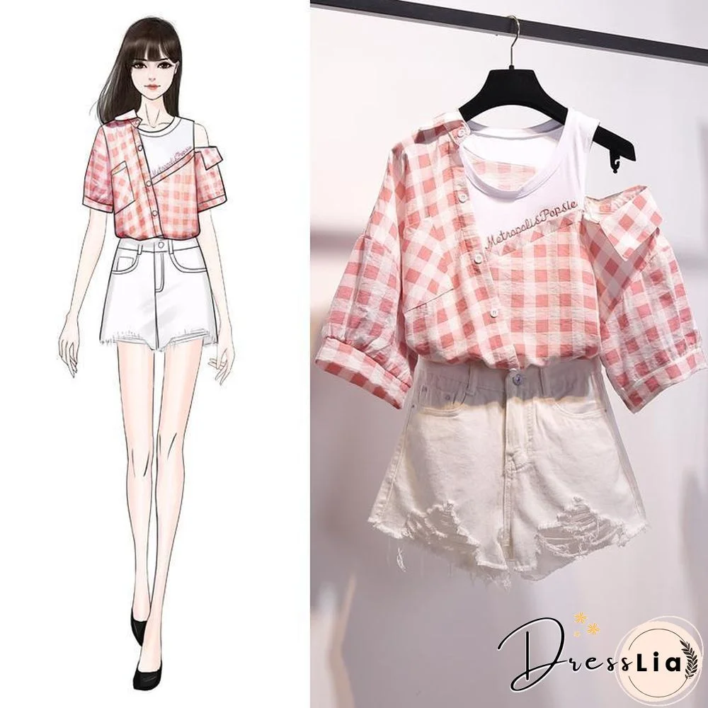 Plaid Off Shoulder Blouse+Denim Shorts P13928