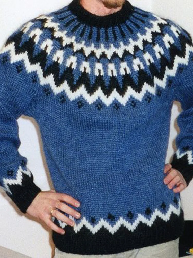 Men'S Vintage Blue Knitted Jacquard Crew Neck Sweater