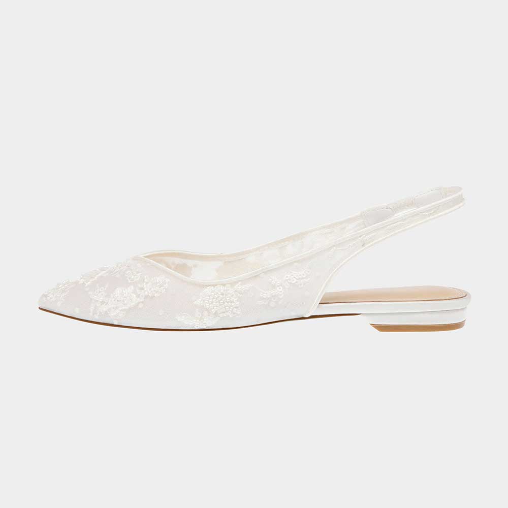 Elegant Mesh Slingback Flats Pointed Toe Beaded Floral Wedding Shoes