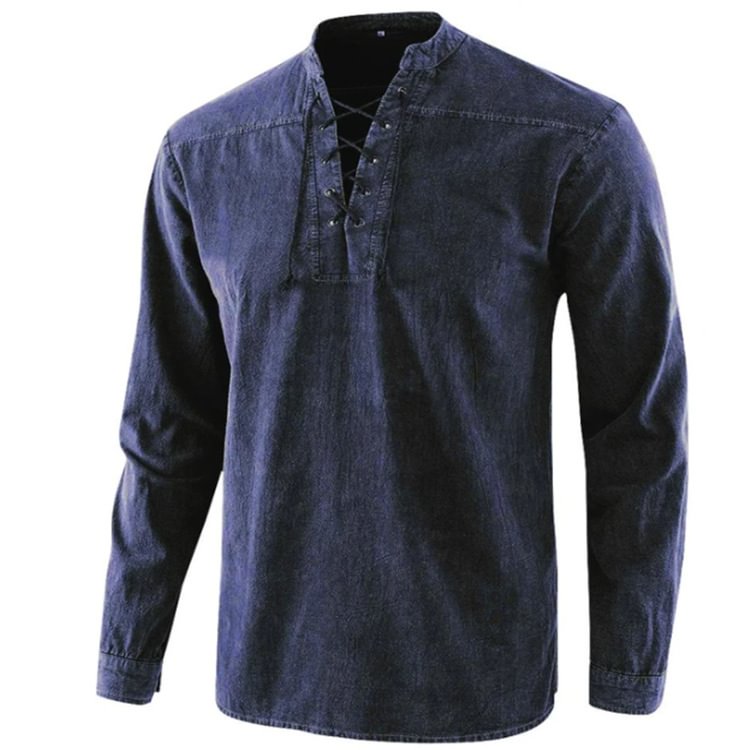 Men's Retro T-shirt Pocket Tie V-neck Denim Long Sleeve T-Shirt Loose Top-Compassnice®