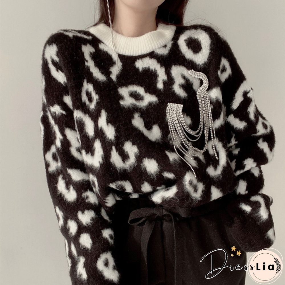 Streetwear Women Vintage Leopard Sweaters Pullovers Autumn Winter Fashion Harajuku Loose O-Neck Lazy Wind Korean Y2k Tops