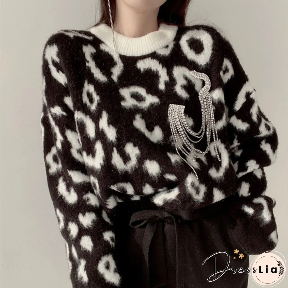 Streetwear Women Vintage Leopard Sweaters Pullovers Autumn Winter Fashion Harajuku Loose O-Neck Lazy Wind Korean Y2k Tops