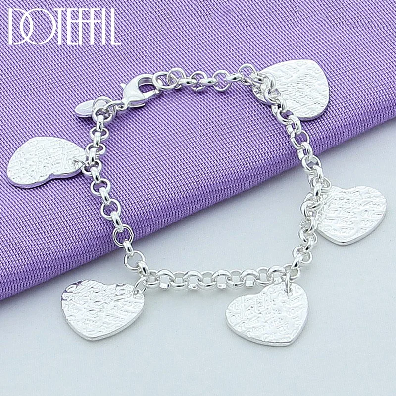 DOTEFFIL 925 Sterling Silver Five Heart Carving Pattern Bracelet For Women Jewelry