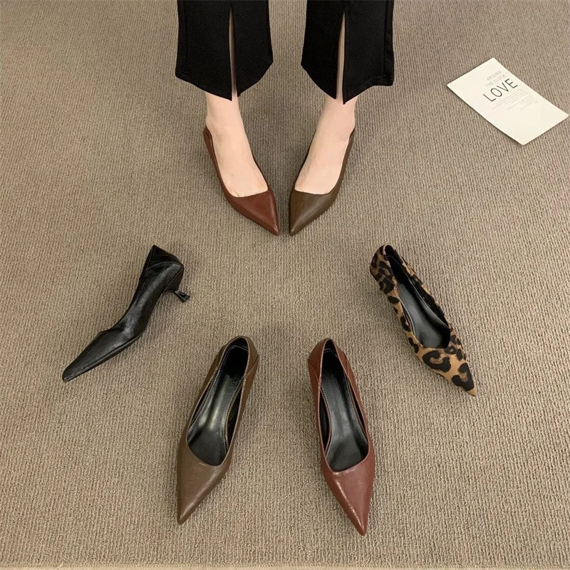 Breakj Breakj Autumn And Winter New Pointed High-Heeled High-Heeled Shoes Leopard Print Fashion Commuting Low-Heeled Kitten Heel Single Shoes
