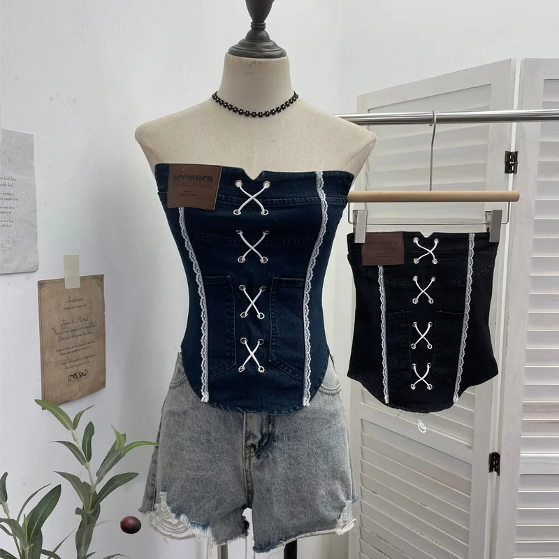 Nigikala Nigikala Sexy Water Wash Denim Pocket Spliced Lace Bra Design Without Strap Vest 2753