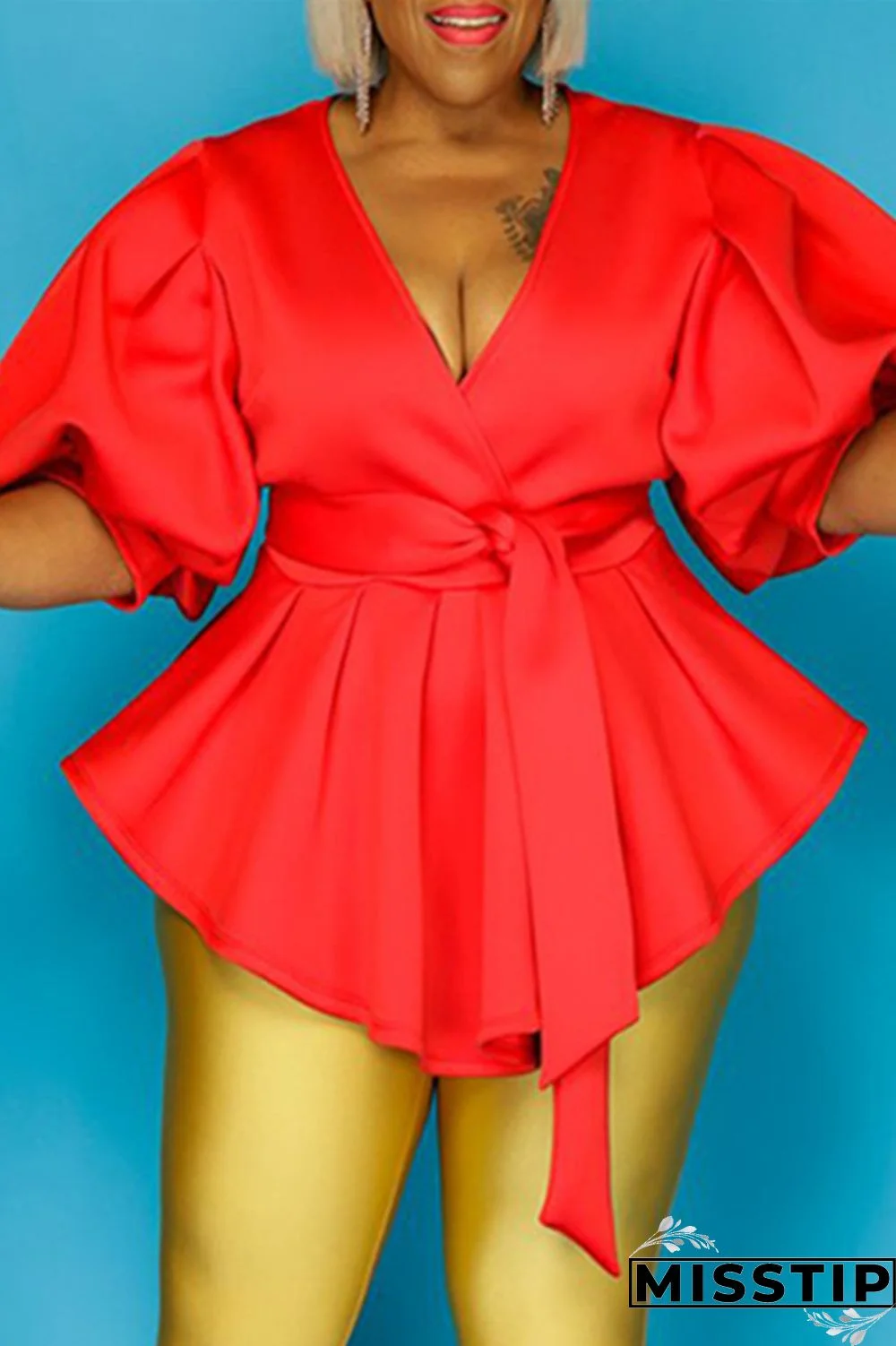 Black Fashion Casual Solid Bandage V Neck Plus Size Tops