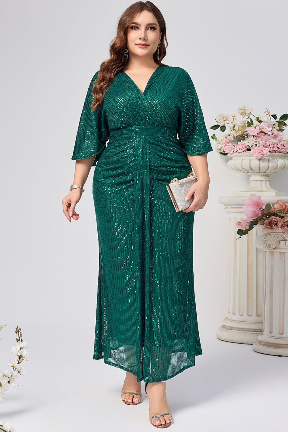 Plus Size Mother Of The Bride Emerald Green Sequin Wrap Flutter Sleeve Empire Waist Maxi Dress