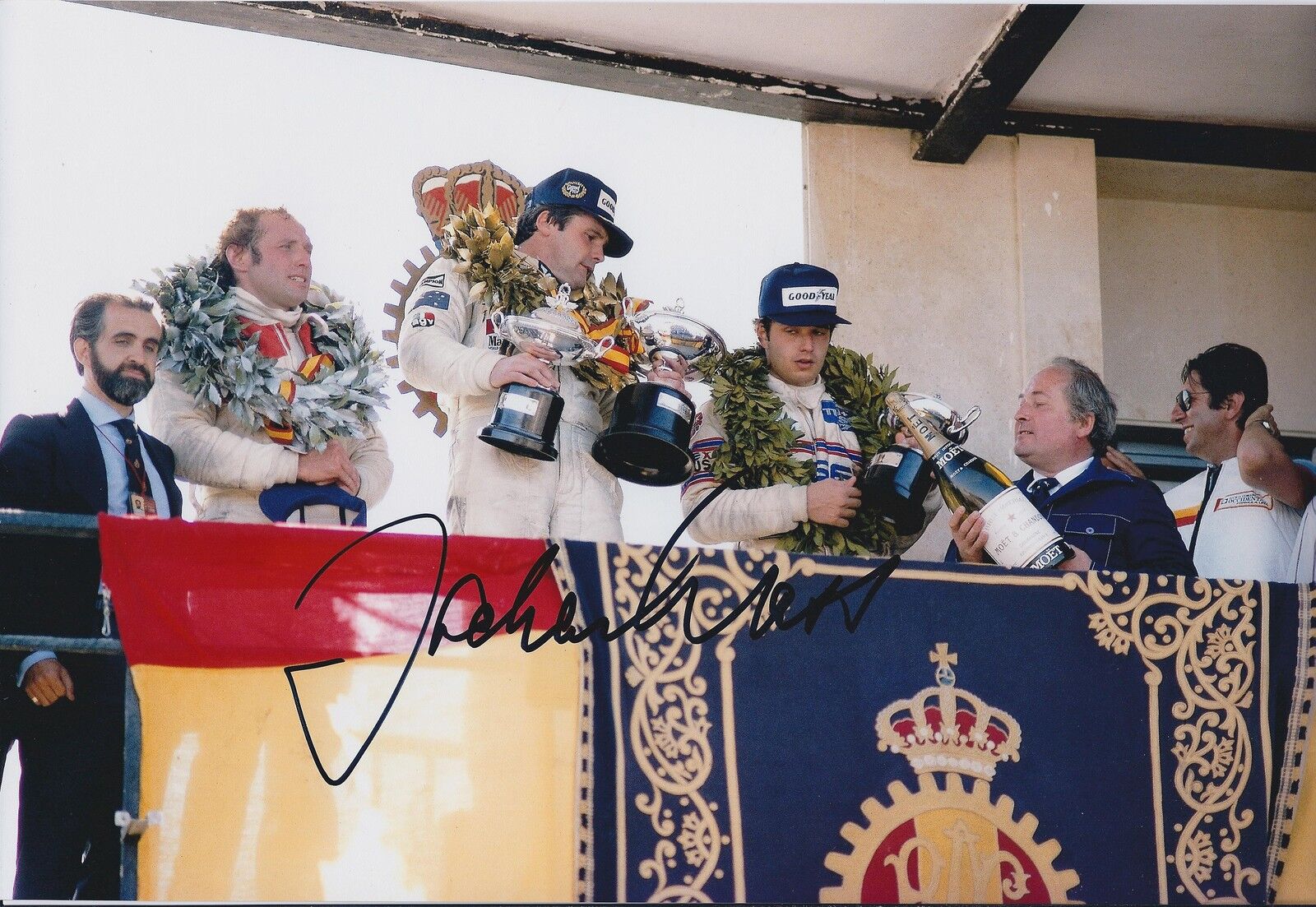 Jochen MASS SIGNED Grand PRIX of Spain Podium 12x8 Photo Poster painting Autograph AFTAL COA