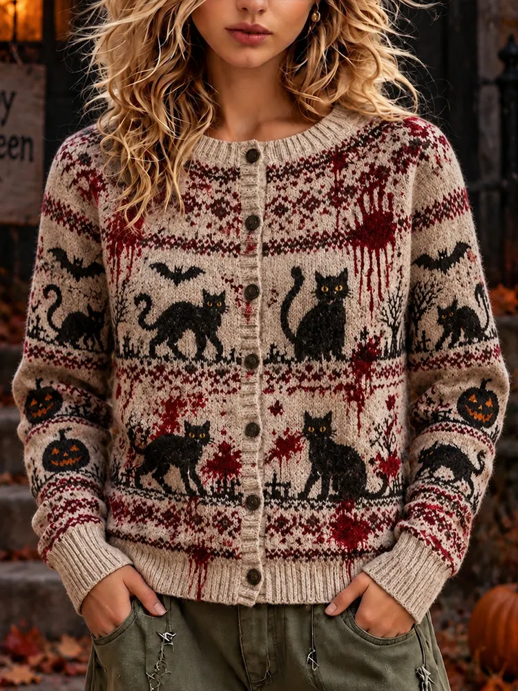 Comstylish Women's Vintage Halloween Cardigan With Fair Isle-inspired Black Cat And Blood Splatter Pattern