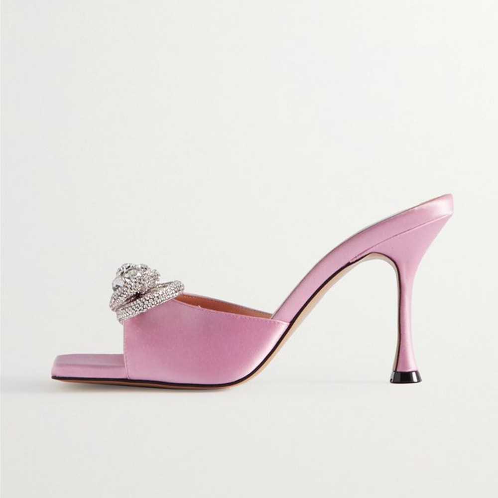 Pink Satin Square Toe Stiletto Heel Rhinestone Strappy Mules Nicepairs