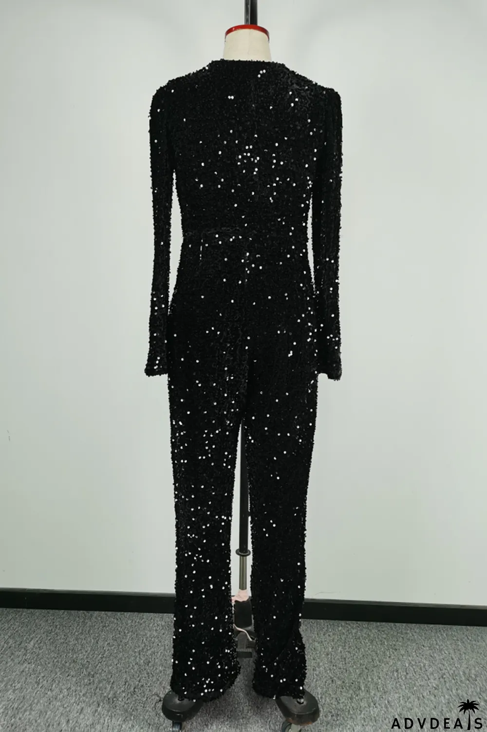 Black Fashion Casual Solid Sequins Split Joint V Neck Long Sleeve Jumpsuits
