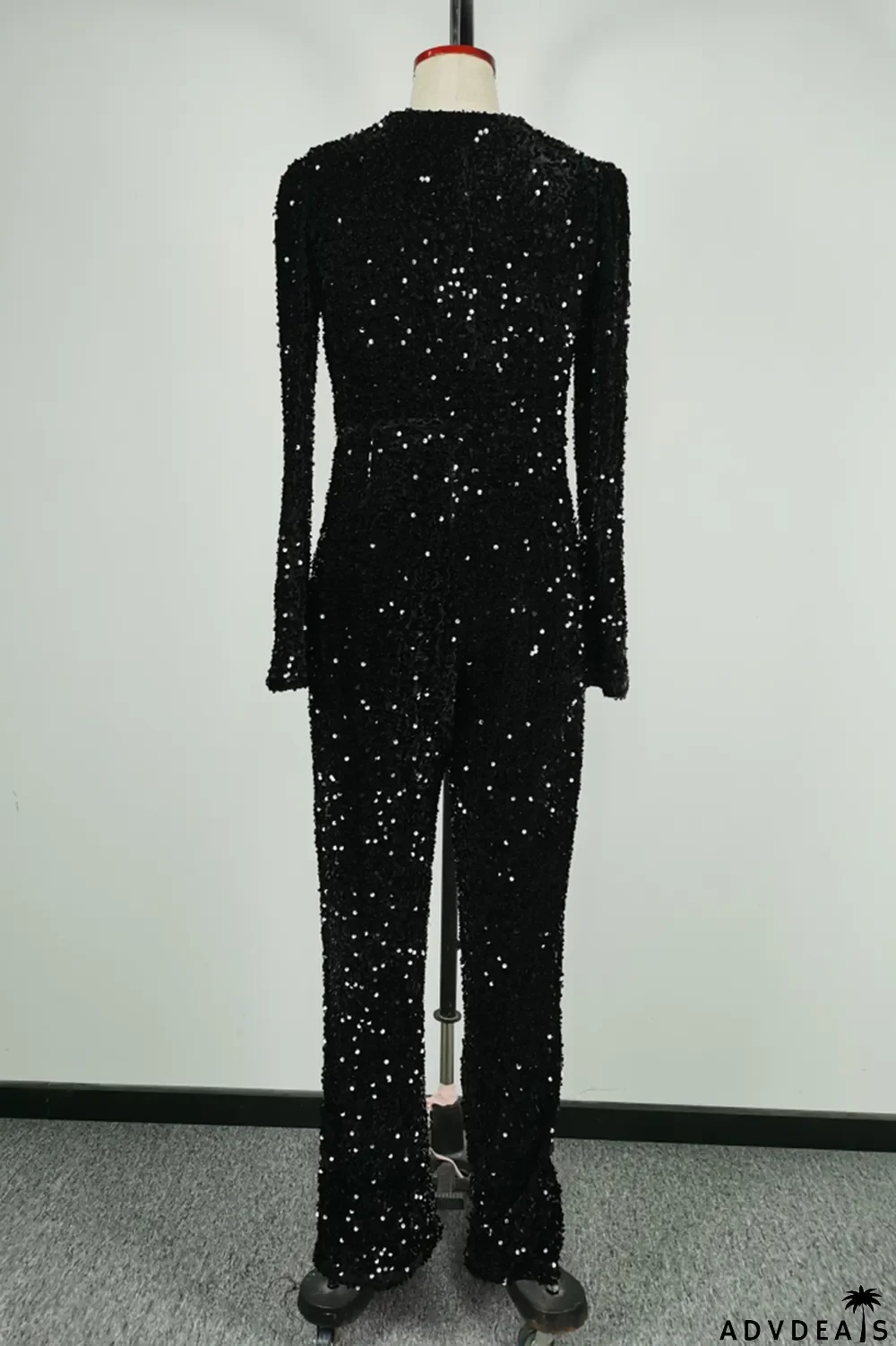 Black Fashion Casual Solid Sequins Split Joint V Neck Long Sleeve Jumpsuits