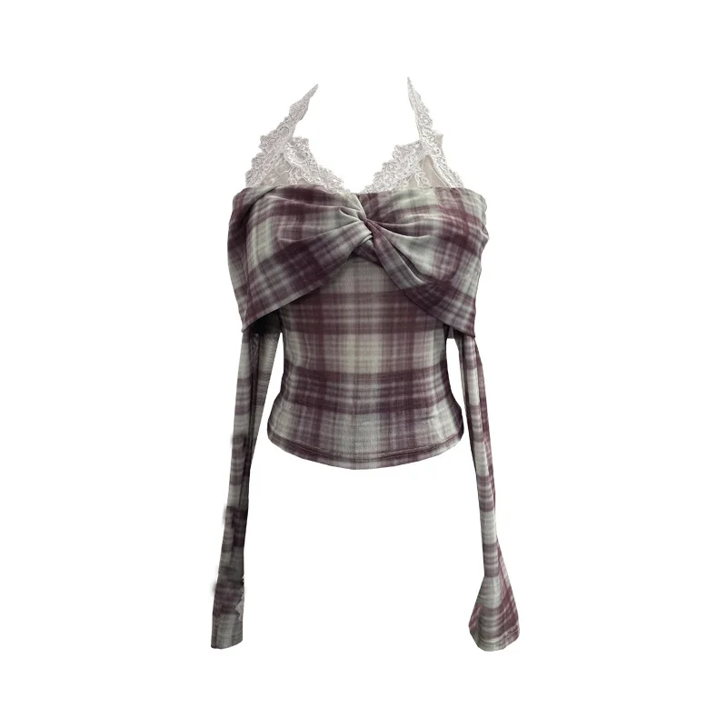 Nigikala Nigikala Hanging Neck Shoulder Mesh Yarn Long-Sleeved Top Design Y2k Short Repair T-Shirt 8070