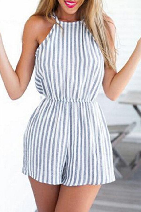 Womens Fashionable Striped Backless Romper-Allyzone-Allyzone
