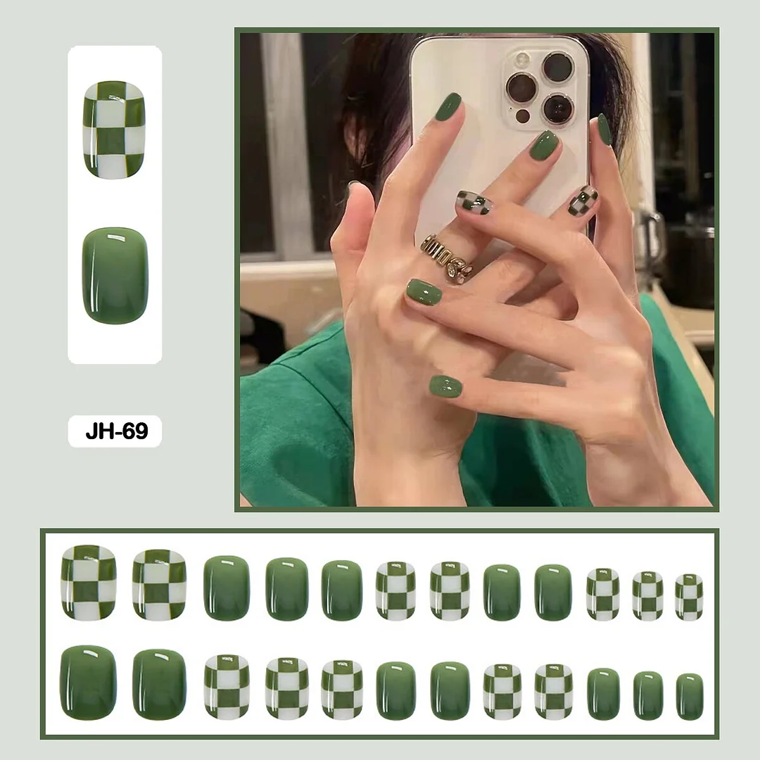 24pcs/box Classic Checkerboard Pattern Geometric Simplicity Nail Art Short False Nails With Glue Fake Nails With Wearing Tools-Nail Inspo