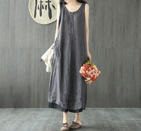 Off-shoulder Linen Mid-length Stripe Art Dress Women's Cold Style Loose Sleeveless Summer Fashion