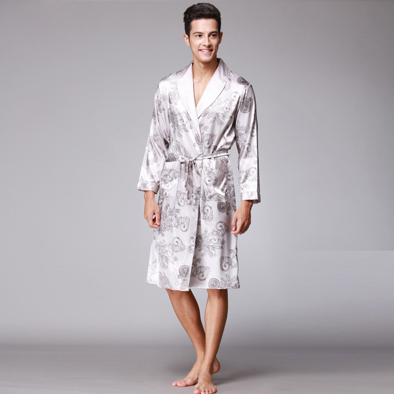 Trusthomeno Men Sleepwear Shower Robe Bathrobe Man Pajama with Belt Imitation Silk Printing Bathrobe Satin Pijama Hombre Pyjama Loungewear