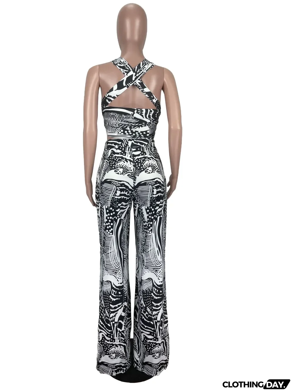 Fashion Tube Top Print Lace-Up Flared Pants Two-Piece Set