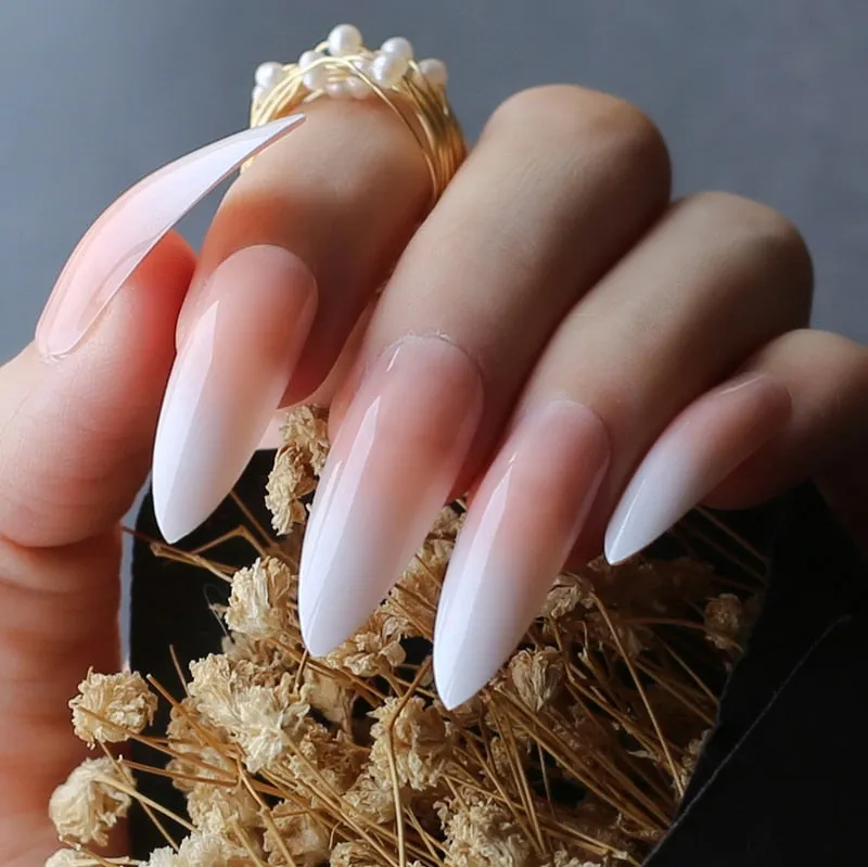 White tipped coffin nails out line UV french tips nude glossy fasle nails sophisticated nude with little bit of tipping edge-Nail Inspo