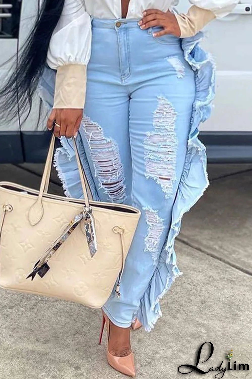 Blue Fashion Casual Solid Ripped Patchwork High Waist Regular Denim Jeans