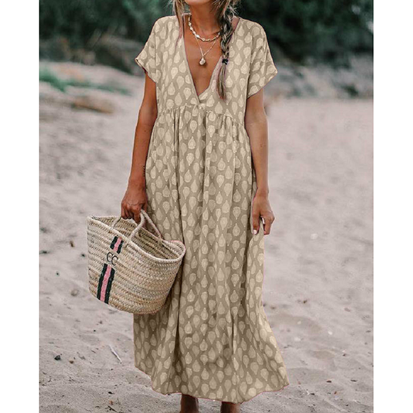 V-neck Loose Short-Sleeve Printed Dress