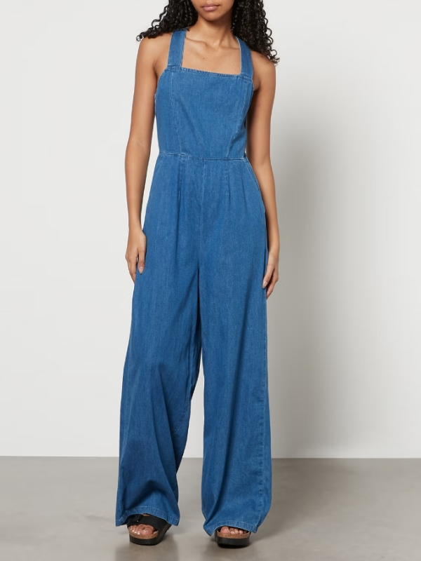 Blue Waist Back Cross Over Long Jumpsuit