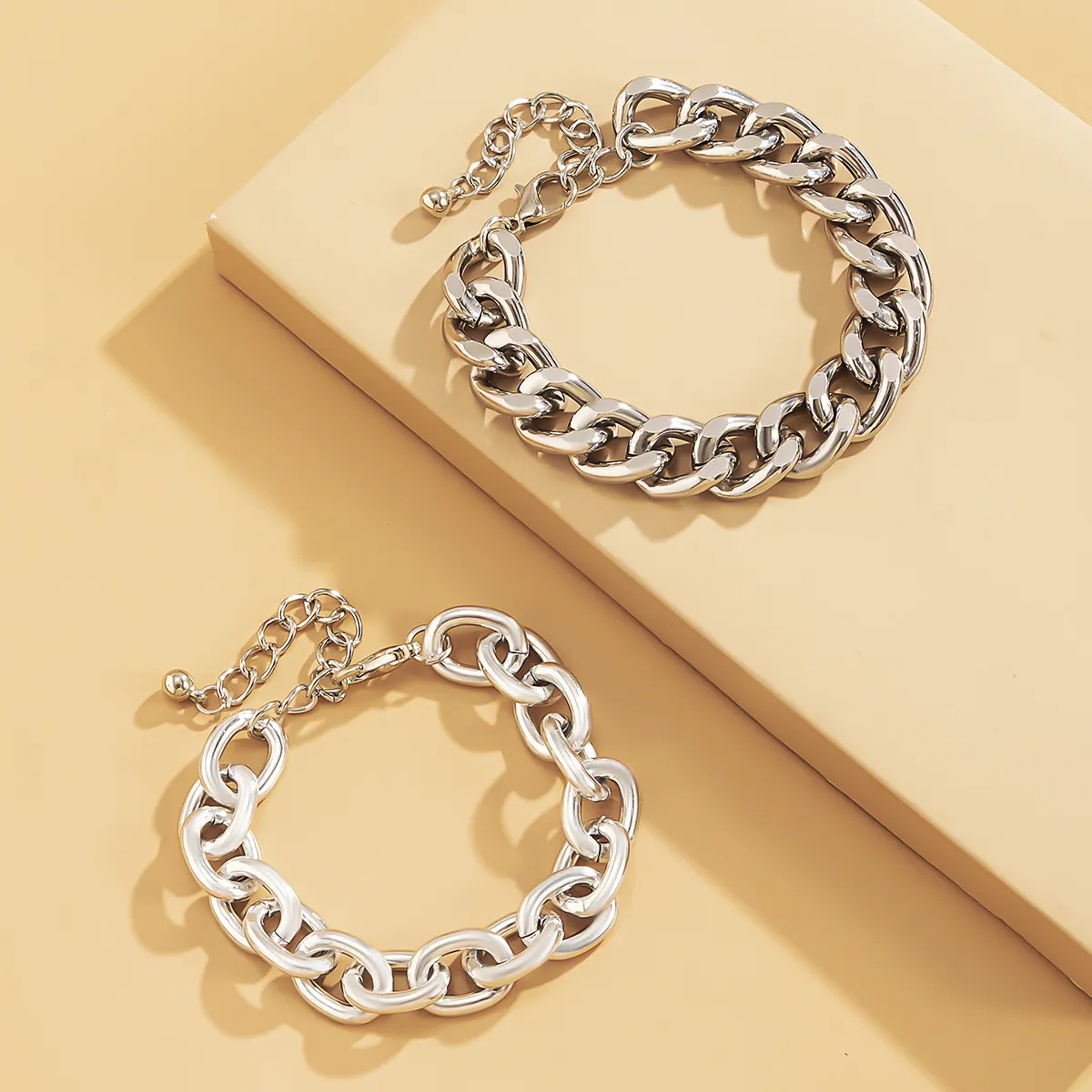 Hip Hop Trendy Metal Punk Geometric Double Layer Thick Chain Set Bracelet Anklet-vocosishoes