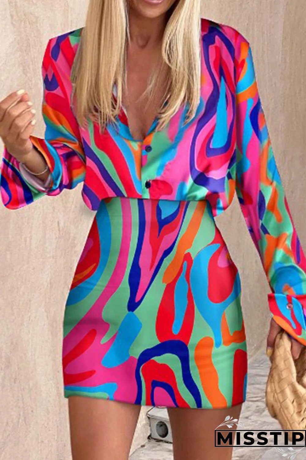 Black Casual Print Patchwork Buckle Turndown Collar Long Sleeve Two Pieces