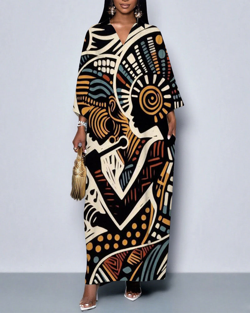 Ethnic Print Lapel Pocket Maxi Dress