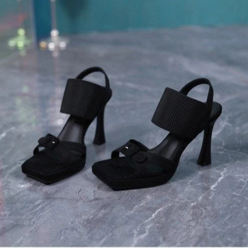 Qjong for Women 2023 Fashion Elastic Band Women's Sandals Summer Heeled Sandals Square Toe Shoes Ladies Zapatillas De Mujer
