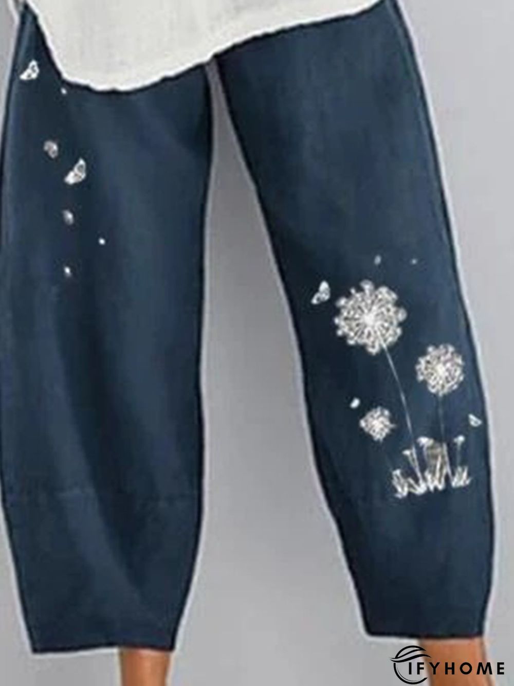 Dark Blue Linen Shift Casual  Floral Pants | IFYHOME