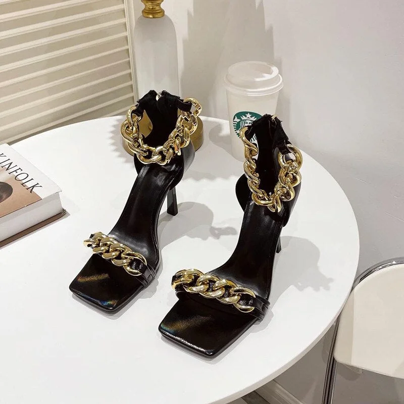 2021 Ins style Summer Women Sandals Fashion metal chains thin High heels Gladiator sandals Female Square toe Office Daily Shoes