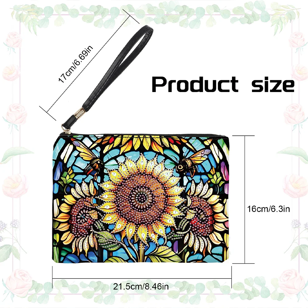 DIY Sunflower PU Partial Special Shaped Diamond Painting Wallet Makeup Bag