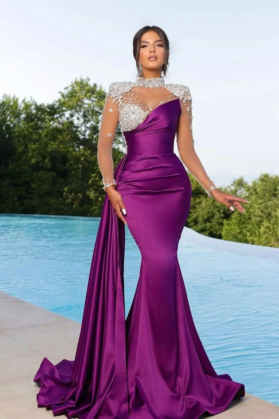 Prom Dress Long Mermaid Satin With Trail Beadings Long Sleeves Purple YL0236