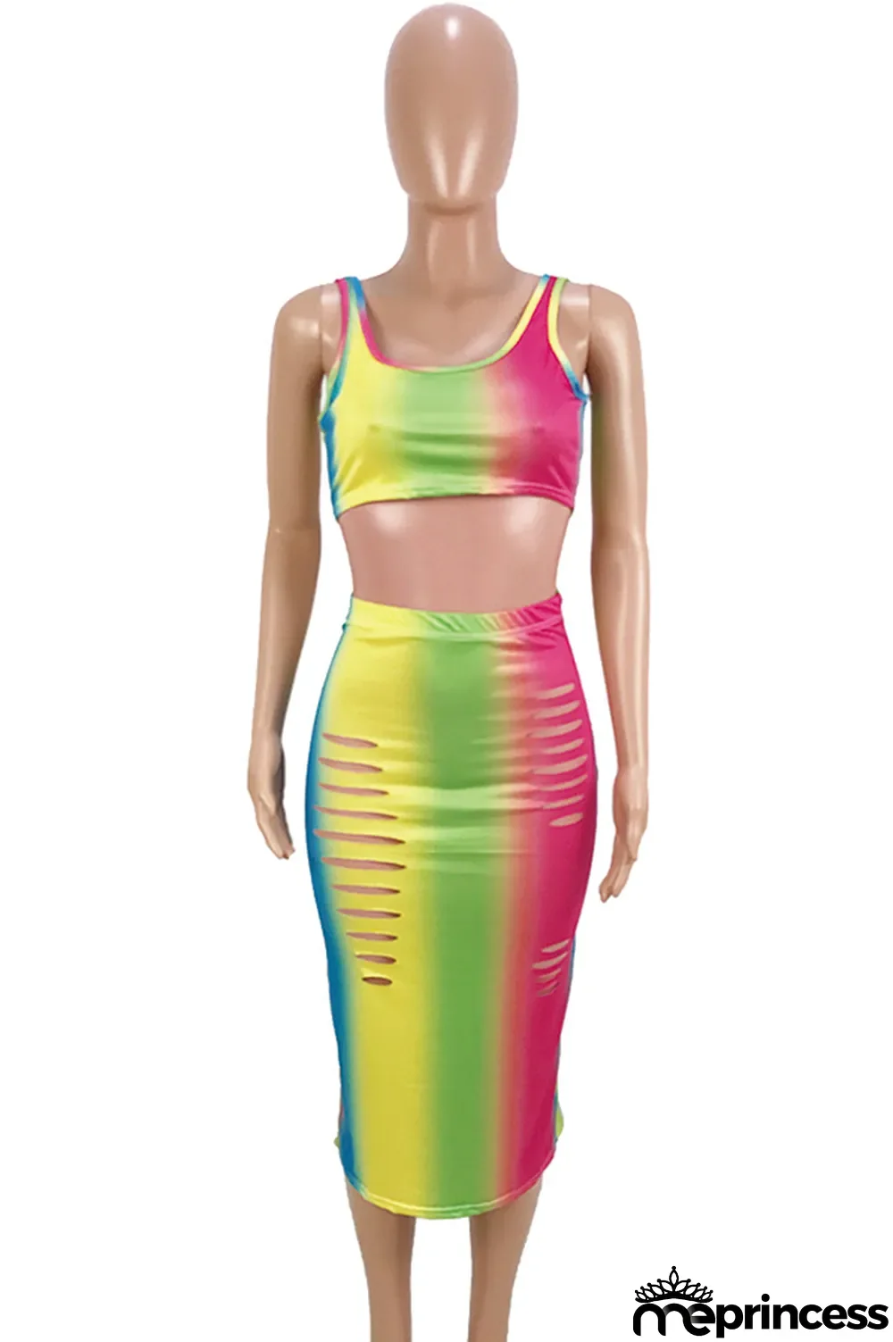 Ombre Sexy Fashion Tank Sleeveless O neck Step Skirt Mid-Calf hollow out Print Fluorescent hole backless