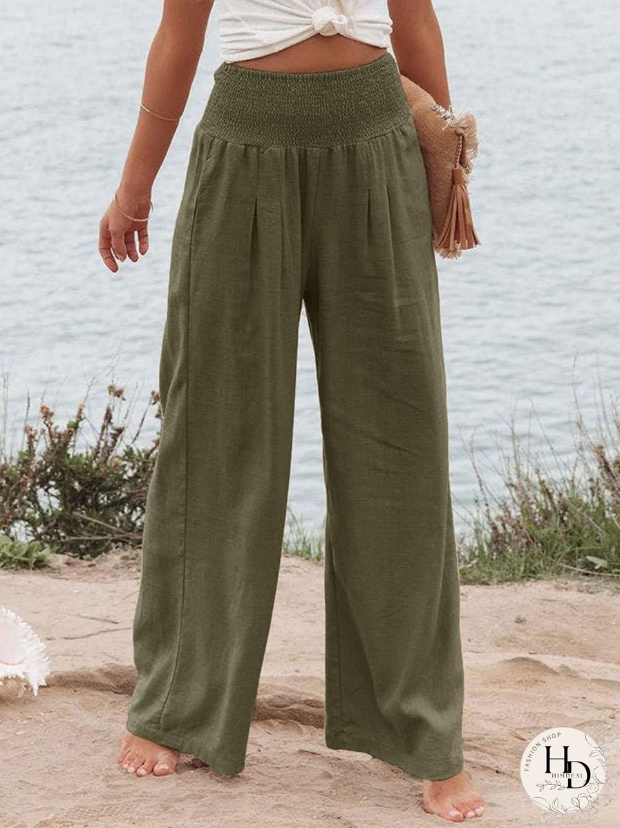 Cozy Co Crinkle Gauze Smocked Waist Wide Leg Side Slit Palazzo Pants