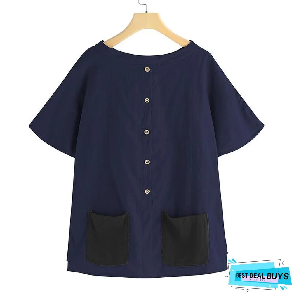 Oversized Vintage Cotton Tops Women Blouses Short Sleeve Buttons Casual Shirts Pockets Loose Tops