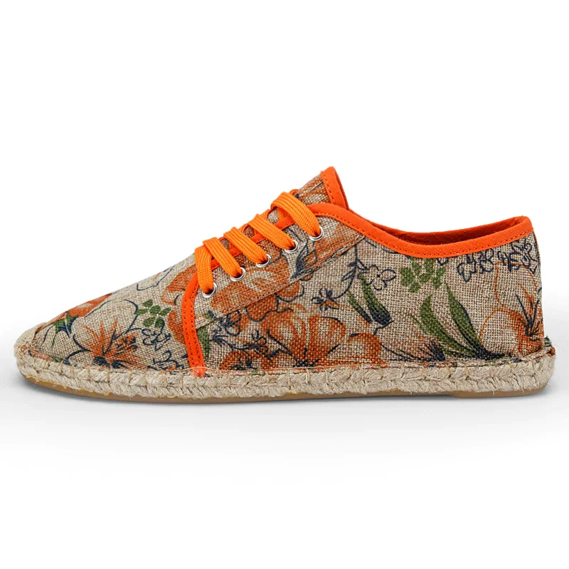 Qengg Fashion Orange Lovers Men Loafers Flats Flower Print Men Casual Shoes Linen Breathable Men Driving Shoes mocasines de hombre