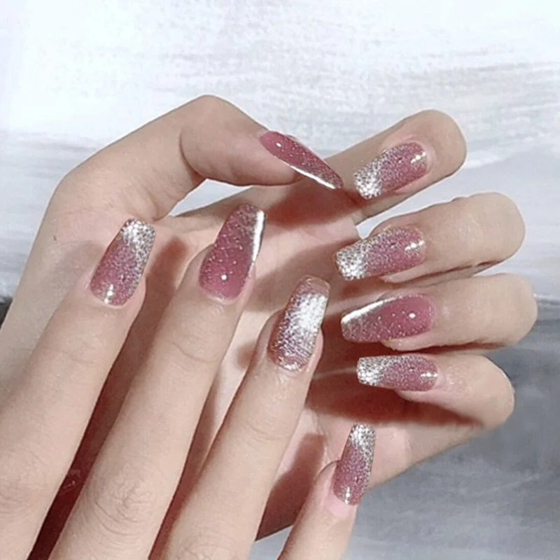 24pcs Purple Gray Fake Nail Patch Cat Eye False Nail Patch Press On Finger Nail Tips Detachable Full Cover Acrylic Nails-Nail Inspo