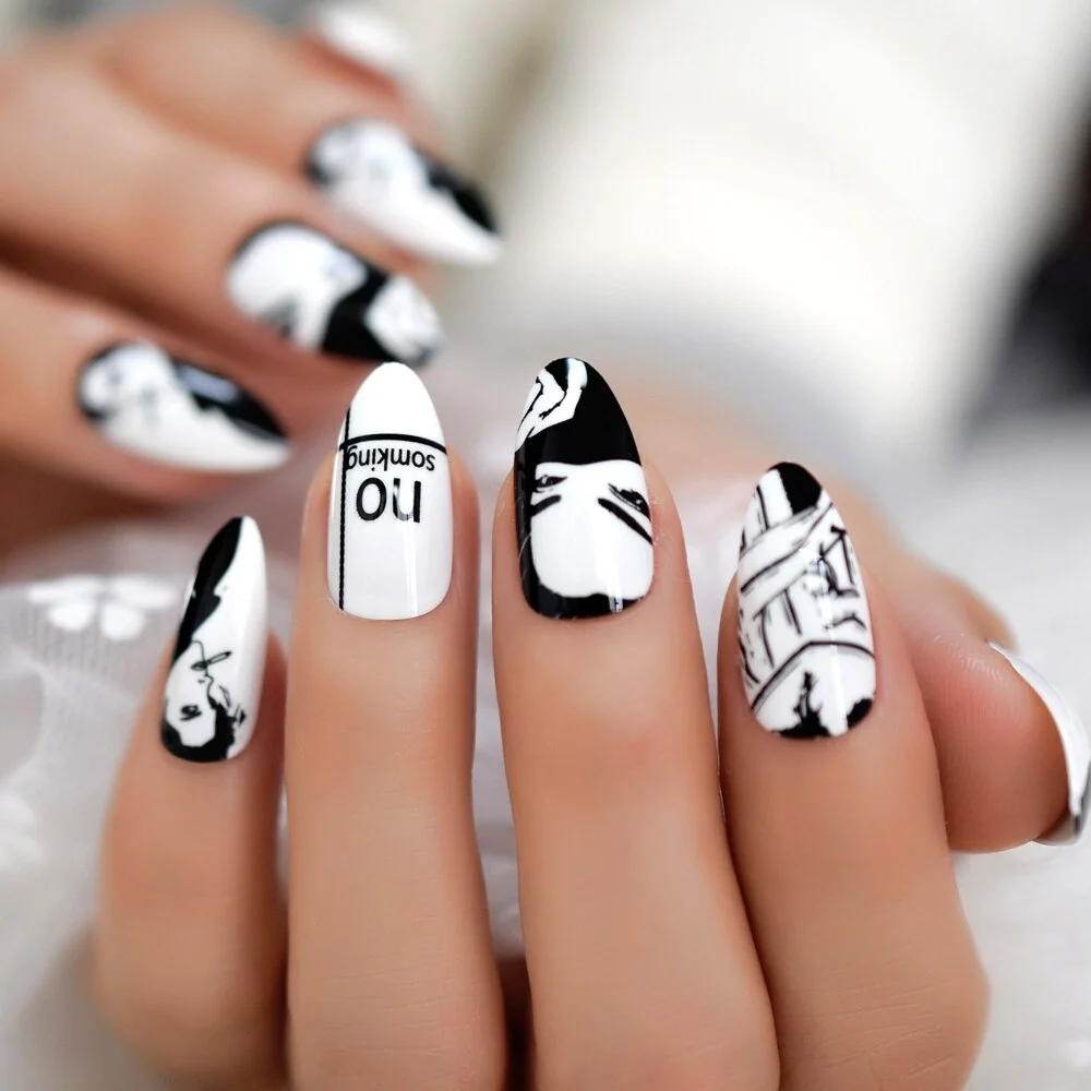 Nude Color French Nail Mixed Black V Shape Fake Nails gel Polish Coffin Nails with Adhesive Tabs 24 PCS-Nail Inspo