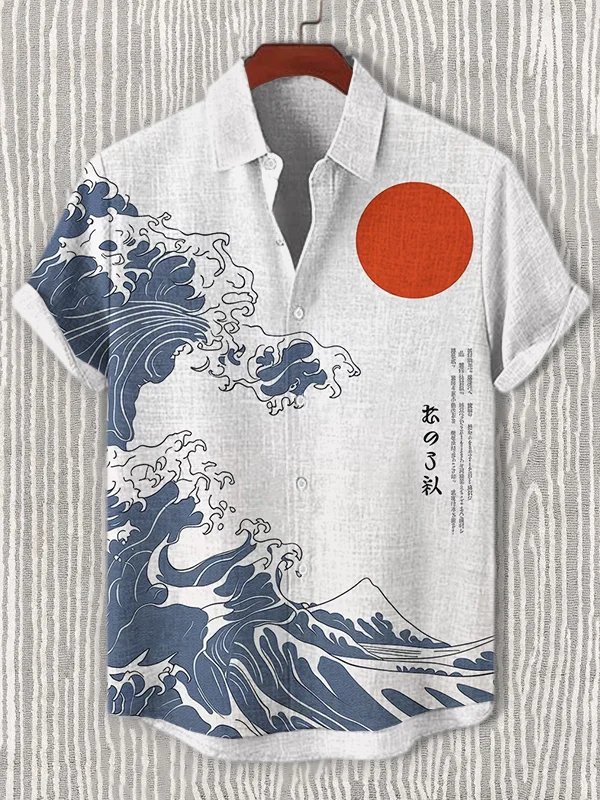 Men's Wave Japanese Art Print Short Sleeve Shirt