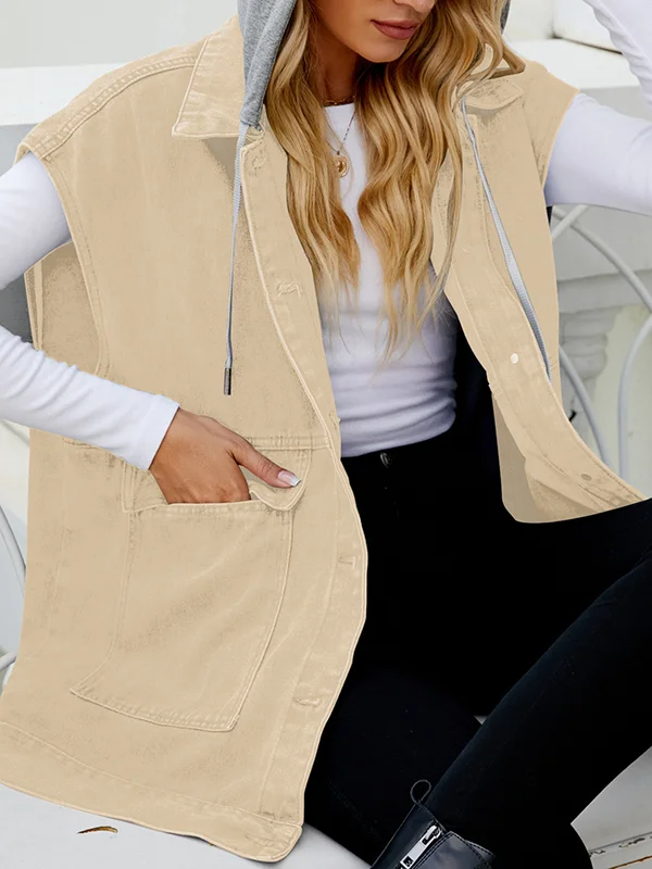 Split-Joint Pockets Hooded Detachable Buttoned Sleeveless Loose Lapel Collar Vest Outerwear