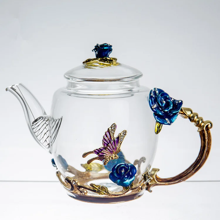 Enameled Butterfly And Rose Kettle | AvasHome